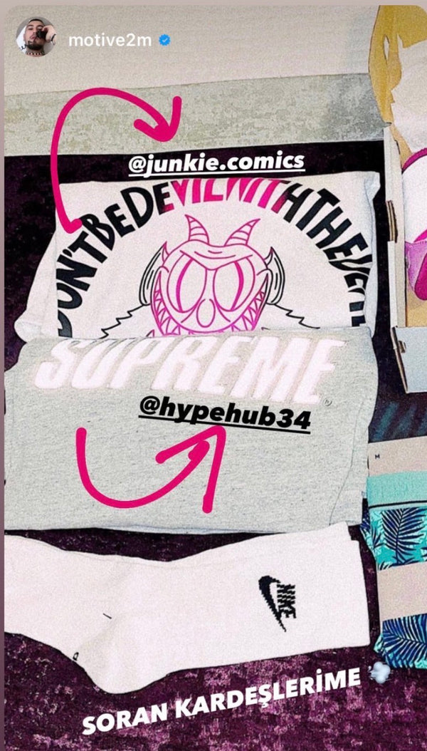 Instagram story from verified account @motive2m tagging HYPEHUB on a Supreme tee